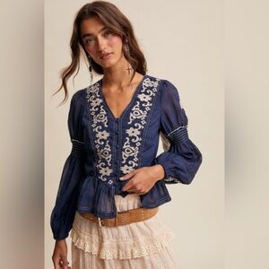 546. Embroidered Navy Blue Peplum Top